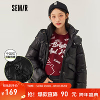 Semir 森马 羽绒服女连帽立领中国结盘扣冬季新款宽松黑色面包服时尚 黑色9000-灰鸭绒 155/80A/S