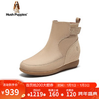 暇步士（Hush Puppies）短靴女高帮英伦风内增高时尚筒靴B4M11DD3 卡其色 36