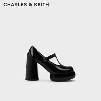 CHARLES&KEITH23冬季T字带漆皮防水台高跟玛丽珍鞋女CK1-60361493 Black Patent黑色 35