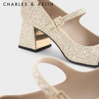 CHARLES & KEITH CHARLES&KEITH23;冬季CK1-60361486时尚拼接亮片粗跟玛丽珍女 Gold金色 34