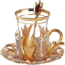 (6 件套)土耳其茶杯套装带茶托架勺子,装饰有施华洛世奇水晶和珍珠,24 件,93.6 克容量(金色)