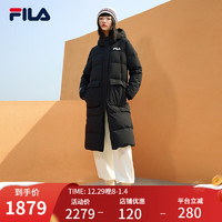 FILA 斐乐 女子长款羽绒服冬季时尚运动长袖女装外套简约连帽保暖上衣 正黑色-BK 160/80A/S