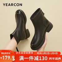 YEARCON 意尔康 中筒靴女粗跟时尚靴中跟马丁靴皮靴女 29734W黑色加绒37