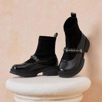 BASTO 百思图 2023冬季新款商场同款时髦法式复古袜靴粗跟女短靴