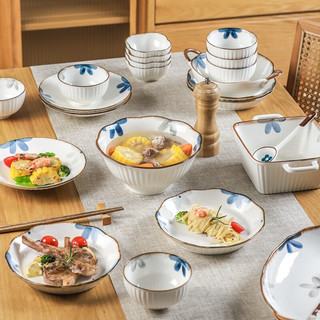 KAWASIMAYA 川岛屋 墨蓝日式餐具碗碟套装家用陶瓷汤碗特别好看的饭碗盘子碗筷 六人食36件套