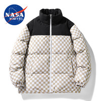 NASA MARVEL冬季加厚保暖潮牌拼色立领外套男女同款格子羽绒服 卡其色 M