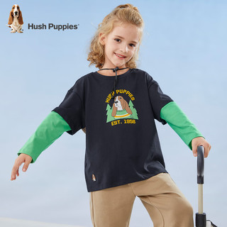 暇步士（Hush Puppies）童装儿童男大童拼色圆领长袖衫简约舒适 藏蓝 105cm