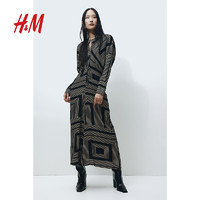 H&M女装裙子2024春季时尚气质收腰款连衣裙1215377 黑色/图案 155/76A