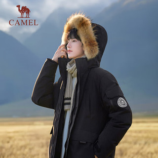 骆驼（CAMEL）户外派克羽绒服冬保暖加厚工装风毛领款羽绒衣加厚外套 AA12264035A，幻影黑，男 M