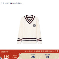 TOMMY HILFIGER23新款秋冬童装男含羊毛学院拼色V领绞花针织毛衣TH2342028 米白色001 6/120cm