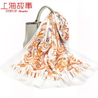 上海故事文艺风印花披肩丝巾女百搭纱巾秋冬洋气保暖棉麻围巾女冬季 卷草花纹 白色