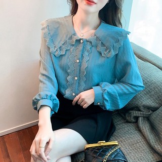 红蜻蜓 衬衫女春季韩版时尚显瘦百搭长袖娃娃脸蕾丝女装打底上衣 蓝色 L