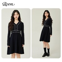 Roem 罗燕 法式淑女针织连衣裙2023年春秋新款优雅黑色V领温柔风中长裙