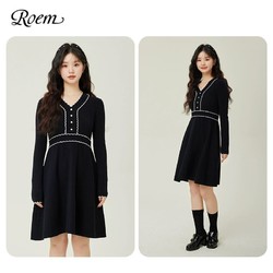 Roem 罗燕 法式淑女针织连衣裙2023年春秋新款优雅黑色V领温柔风中长裙