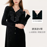 GOELIA 歌莉娅长袖连衣裙女新款设计感气质蝴蝶结丝绒小黑裙子1B1R4H150