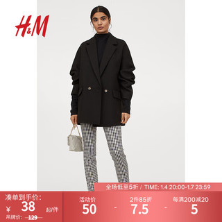 H&M 女装休闲裤秋装女新款时尚高弹格纹直筒修身长裤0796210 深蓝色/白色格纹 155/60A