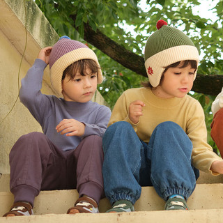 papa爬爬冬季儿童针织毛线帽子男女宝宝外出护耳帽可爱洋气时髦潮 绿色 帽围：44cm