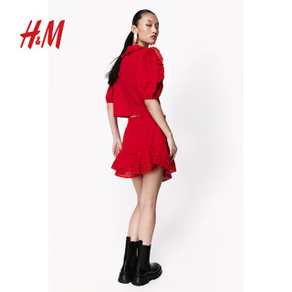 H&M【新年系列】女装半身裙2024春季喜庆镂空刺绣短裙1214414 红色 155/60A