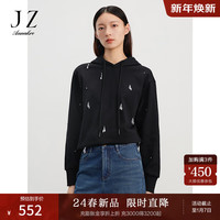 玖姿·安娜蔻【红运红韵】宽松休闲串珠连帽卫衣上衣女2024春季 素黑 2XL