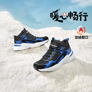 Skechers斯凯奇童鞋男女童棉鞋冬季防滑儿童加绒运动鞋中帮棉靴302527L 男童-鞋口加绒/黑色/宝蓝色/BKRY 36码