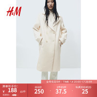 H&M女装毛呢外套冬季宽松双排扣保暖中长款大衣1191792 奶油色 170/104A