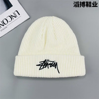 Stüssy 斯图西（stussy）针织帽子男士冬季潮牌大头围包头冷帽韩版百搭保暖帽子刺绣帽子 白色-粗针 有弹性