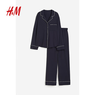 H&M女士内衣家居服冬季新品柔软女士睡衣和睡裤套装0998802 海军蓝 1