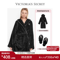 维多利亚的秘密（Victoria's Secret） 时尚保暖舒适系带睡袍家居服拖鞋套装 黑色魅惑 XS/S+S（35-36）