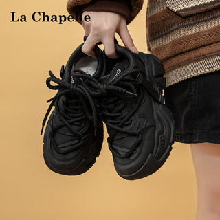 La Chapelle 女鞋加绒老爹鞋2024初春季厚底增高百搭休闲鞋加厚保暖运动鞋 黑色 四季款 35