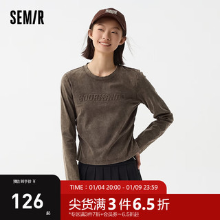 森马（Semir）森马长袖T恤女短款做旧复古紧身2024春季街头字母套头衫潮酷 咖啡50800 150/76A/XS