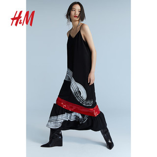 H&M【新年系列】女装连衣裙2024春季V领宽松亮片吊带裙1223373 黑色 155/80A