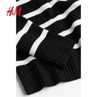 H&M女装针织衫女士宽松休闲条纹长袖套衫毛衣1209825 黑色/条纹 155/80A