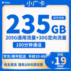 CHINA TELECOM 中国电信 小广卡 半年19元月租（235G全国流量＋100分钟通话）激活送40