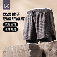 Keep 泳裤男防尴尬双层宽松游泳裤泳衣速干沙滩裤温泉装备 黑色印花平角裤 XL