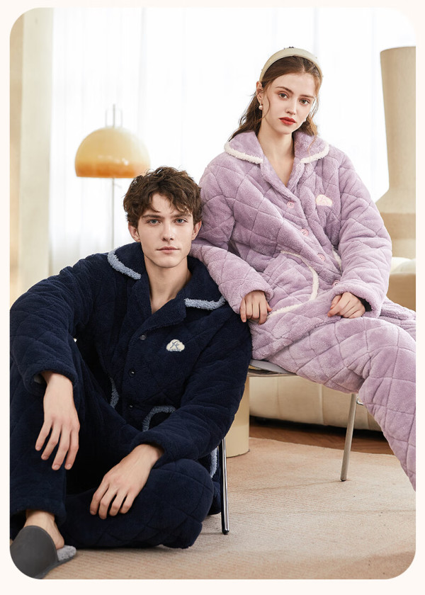 芬腾睡衣冬季夹棉厚实翻领开衫保暖舒可绒防静电家居服睡衣 芙蓉粉-女