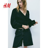 H&M女装毛衣2024春季纹理感针织灯笼袖开衫1210961 黑色 155/76A