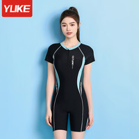 羽克泳衣女款2023连体冬季保守女孩遮肉大码游泳馆泡温泉泳装 黑绿连体 M 【体重90-100斤】