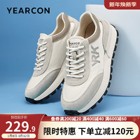 YEARCON 意尔康 男鞋 休闲鞋男2024春季牛皮反绒拼接运动鞋复古慢跑鞋子男 米白 42