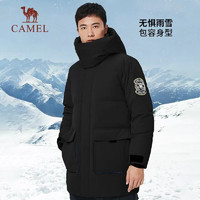 骆驼 CAMEL户外中长款羽绒服冬季工装派克服 A1W2NT112，黑色，男 M