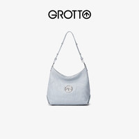 GROTTO 个乐 Hobo包 羊皮复古单肩包斜挎托特包软包 雾蓝色小号