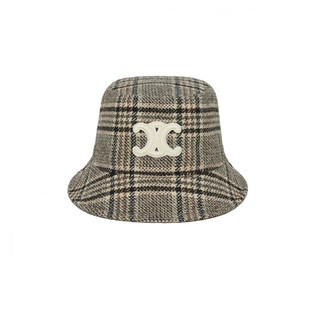 思琳（CELINE）女士灰褐色羊毛格纹徽标贴片渔夫帽 L