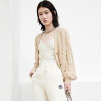 复古麻花漏针V领针织开衫女装