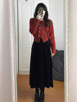 BTTKDL 法式香风毛衣开衫红色2023半身裙外套针织两件套装秋冬两件套 针织百褶裙 新年款