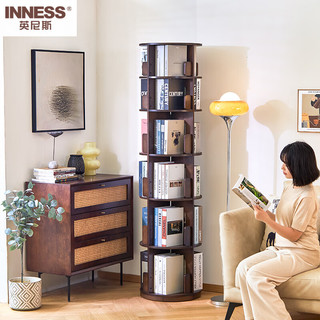 INNESS 英尼斯 全实木旋转书架360度书柜家用落地可移动客厅置物架简易书柜 六层移动款-胡桃色