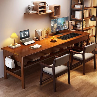 自然元素 实木书桌家用双人办公桌书房写字桌书法桌卧室电脑桌子 原木色一桌两椅 长160*宽60*高75CM