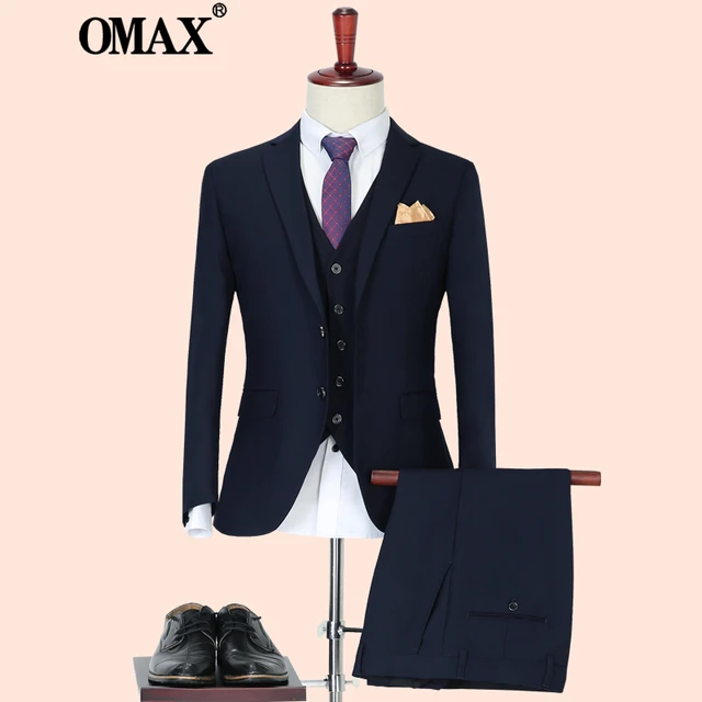 OMAX西装男套装韩版修身三件套商务休闲正装西服男新郎伴郎结婚礼服 藏青两扣配5扣马甲三件套 180/2XL(145-150斤左右)