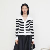 钻饰V领收腰条纹针织衫开衫女装