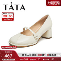 他她（TATA）2024春时尚休闲拼色百搭时髦粗跟单鞋女YDW01AQ4 米色 34