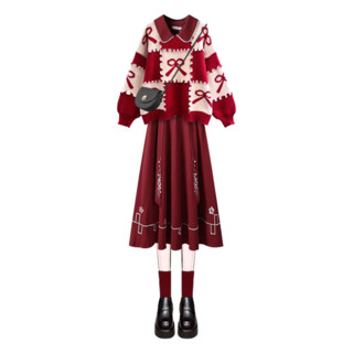 妍莉芬（yanlifen）新年战袍衣服女装春季红色连衣裙2024韩版小个子过年套装裙子 红色连衣裙+红色毛衣 L