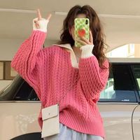 Halo Queen针织衫女秋冬拼接V领设计麻花毛衣修身时尚针织外套 H13JZ3655 粉色